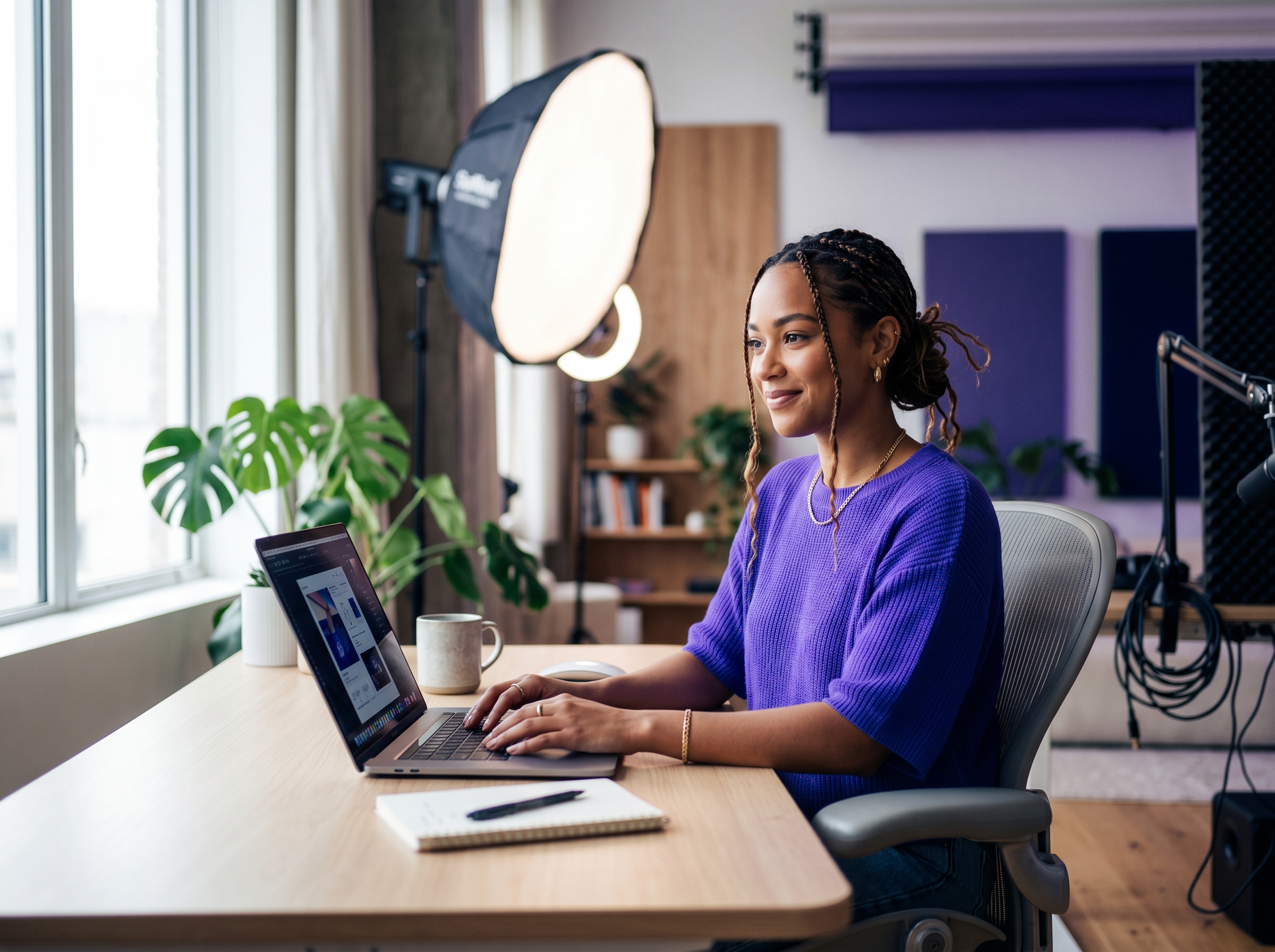 A content creator working in a bright, modern studio
